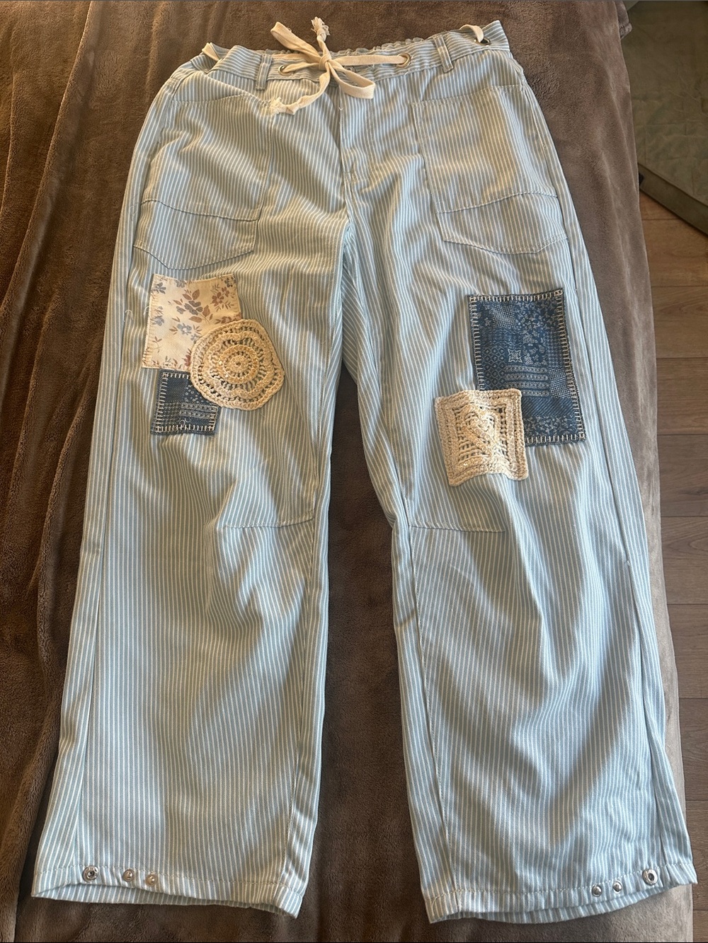 Boho Blue Striped Straight-Leg Patchwork Pants
